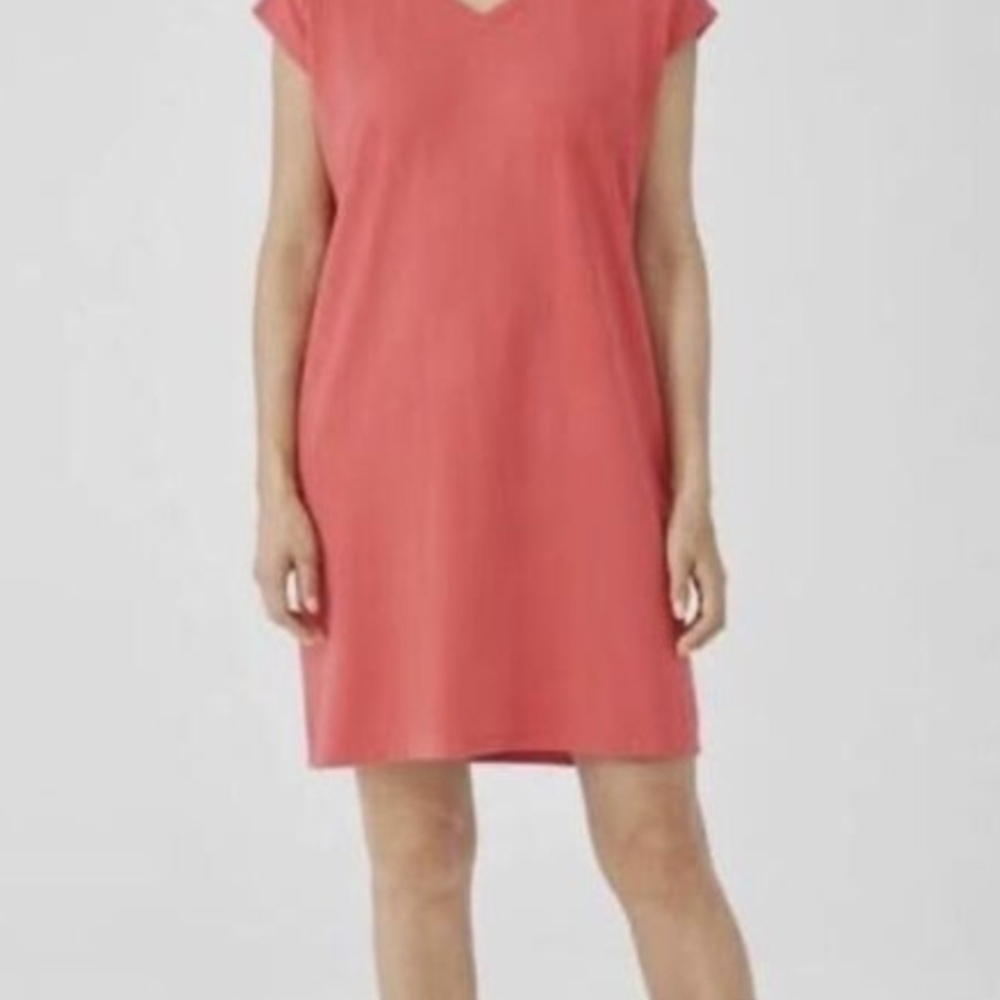 Eileen Fisher Vibrant Coral Petite V Neck Dress Coral/Watermelon